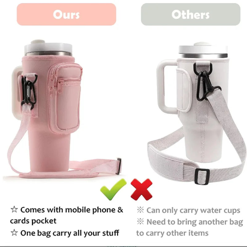 Water Bottle Carrier Bag with Phone Pocket for metal Cup 40 Oz, Water Bottle Holder Adjustable Strap Stanley Cup Accessories