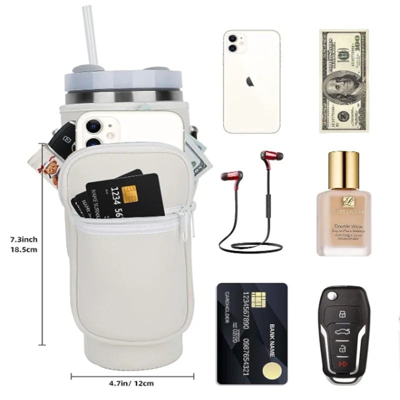 Water Bottle Carrier Bag with Phone Pocket for metal Cup 40 Oz, Water Bottle Holder Adjustable Strap Stanley Cup Accessories
