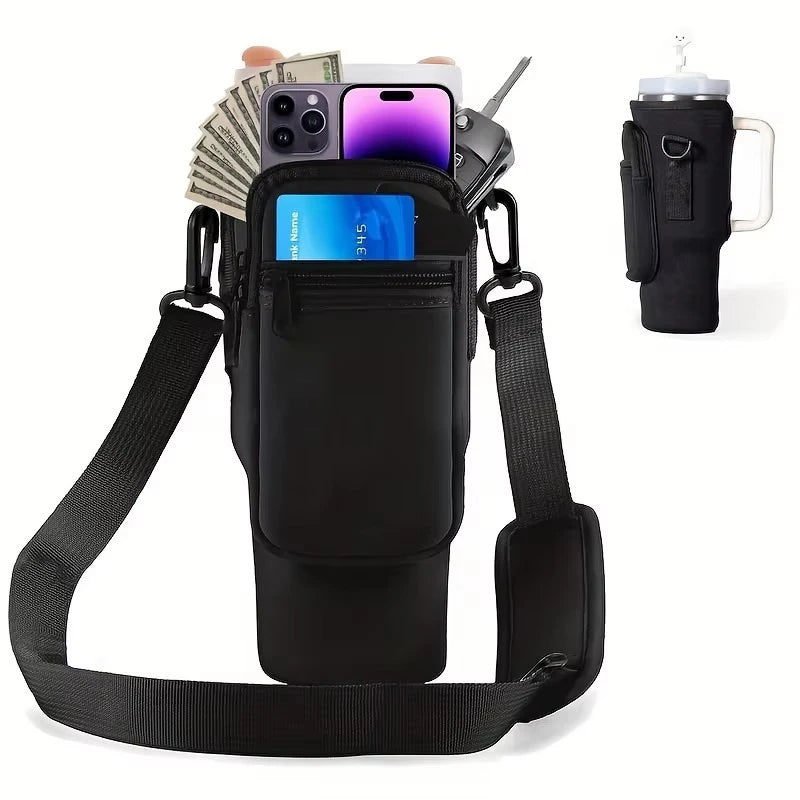Water Bottle Carrier Bag with Phone Pocket for metal Cup 40 Oz, Water Bottle Holder Adjustable Strap Stanley Cup Accessories