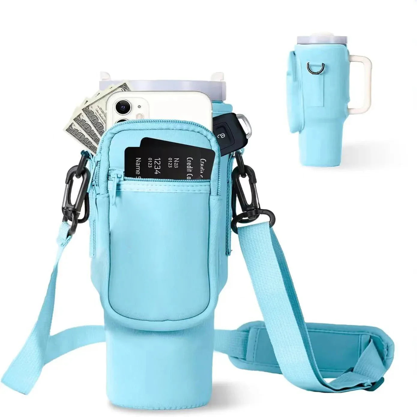 Water Bottle Carrier Bag with Phone Pocket for metal Cup 40 Oz, Water Bottle Holder Adjustable Strap Stanley Cup Accessories